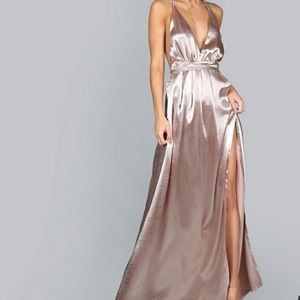 Cross Back High Split Satin Maxi Slip Dress